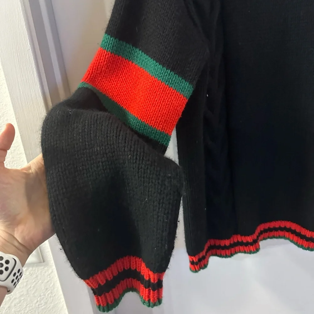 Gucci Men Black Web Striped Wool Cable Knit - Small (oversized)